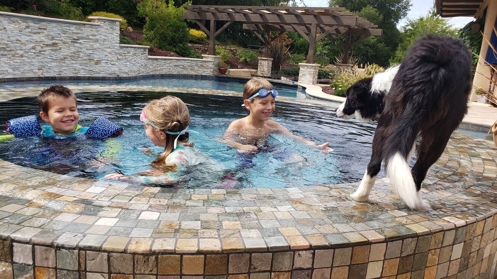 Kids in the raised spa with the family dog